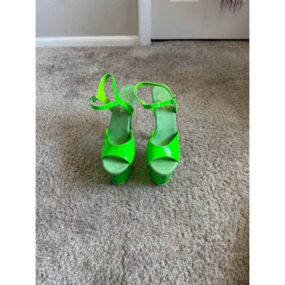 Pleaser Adore-709 Neon Green Patent 7 Inch Platform Ankle Strap Sandals Heels